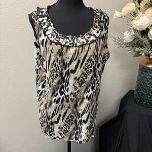 Sharon Young Animal Print Pleated Beaded Neck Sleeveless Top Women’s L